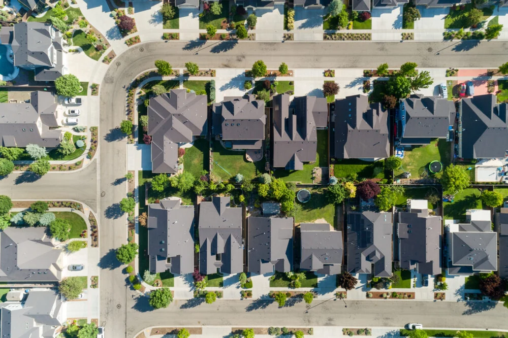 Aerial top-down drone view of a suburban neighborhood