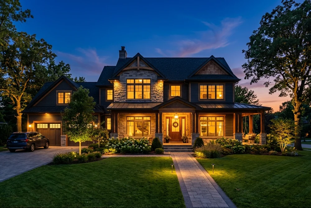 Craftsman-style home at twilight with warm lights glowing